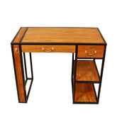 Wooden desk with drawers and metal frame on a white background